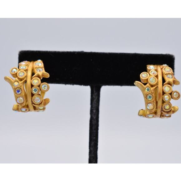 Givenchy Vintage Crystal Clip On Earrings Brushed Gold AB Rhinestone Signed Bin8 - Picture 1 of 12